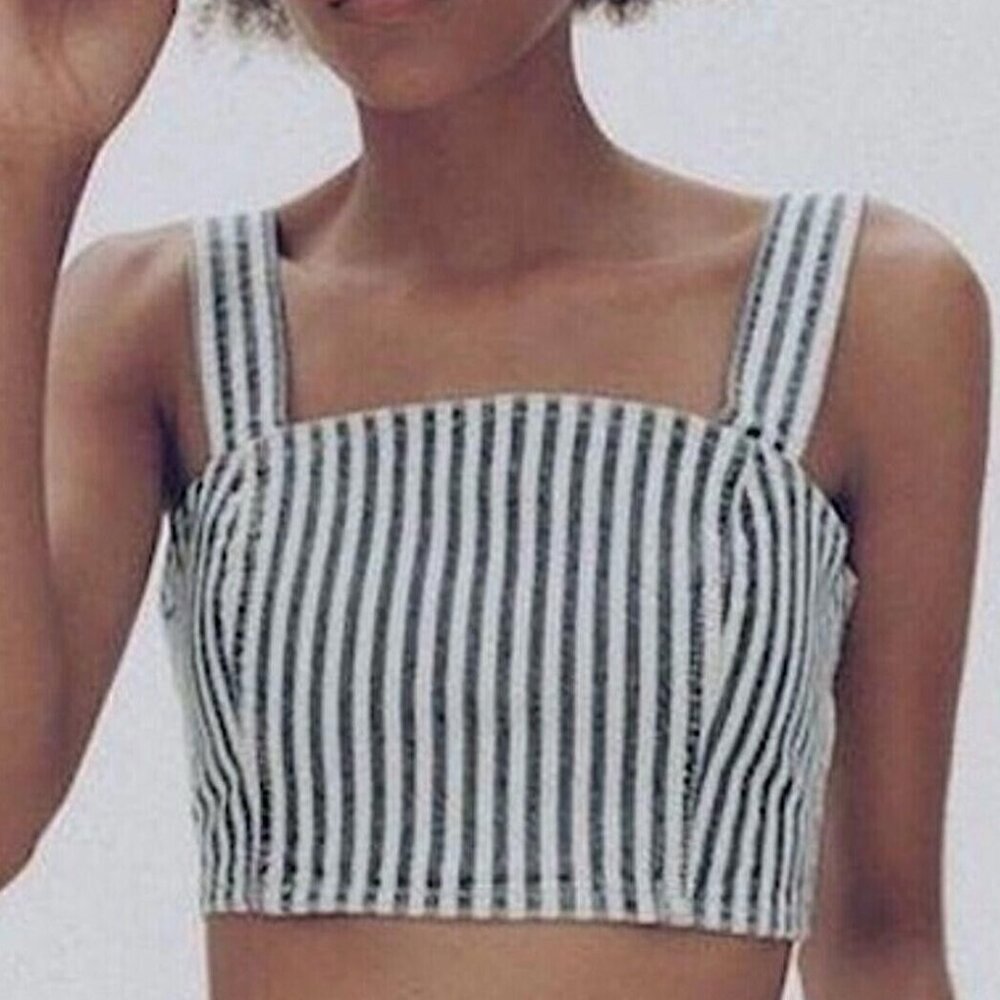 Zara Women's Denim Crop Top White Blue Striped Side Zip Bustier Tank Size Small